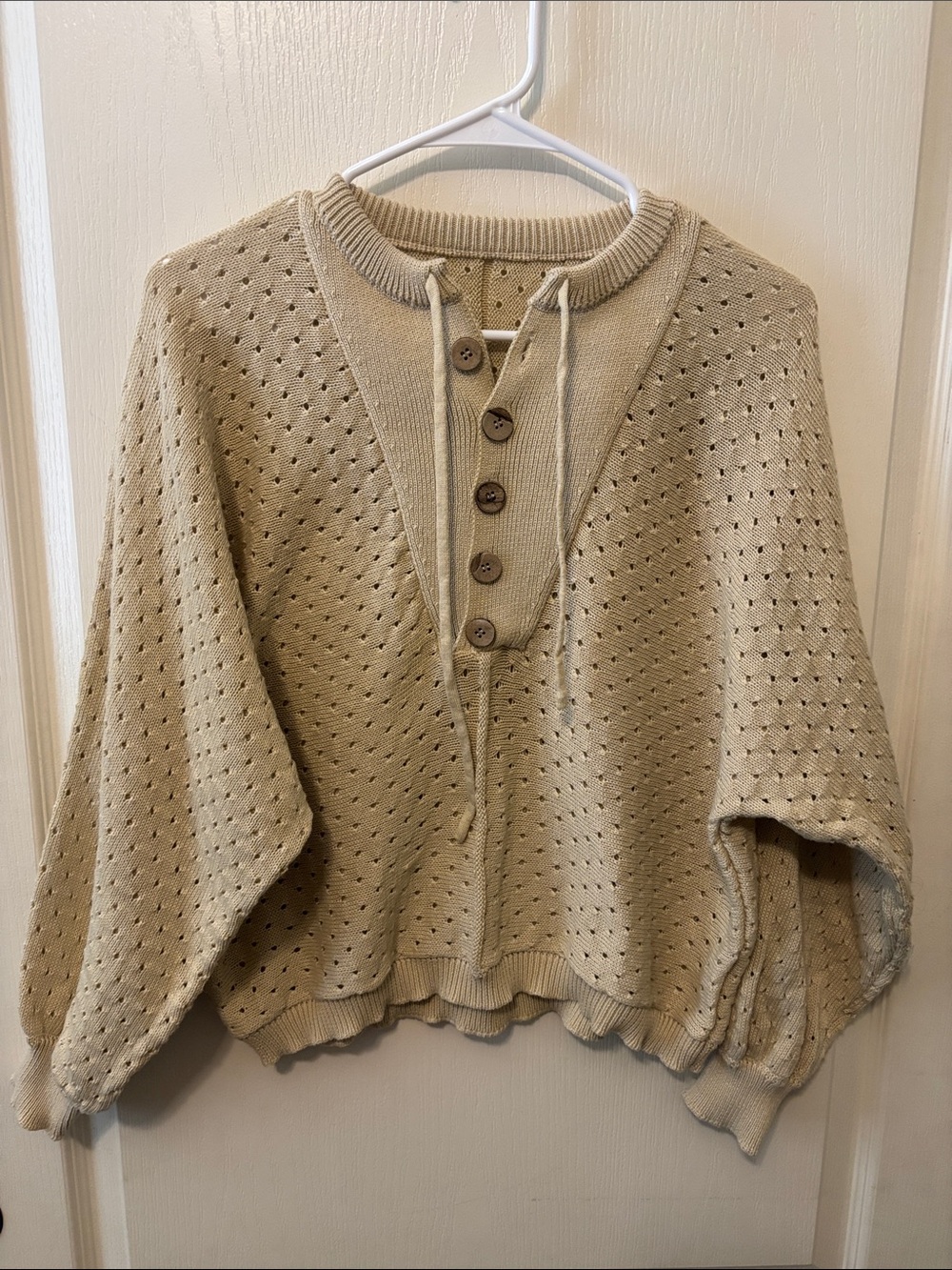 Crochet-Textured Pullover Puff Sleeve Sweater - Cream
